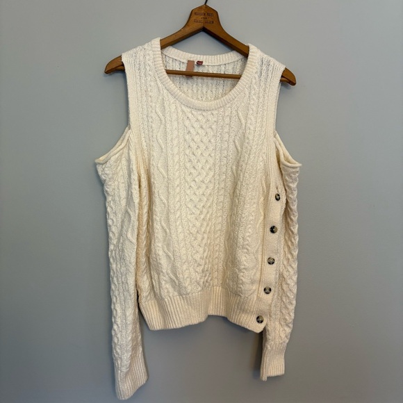 Anthropologie Pilcro Ivory Cold Shoulder Fisherman Cable Knit Sweater L Cream - Picture 3 of 5